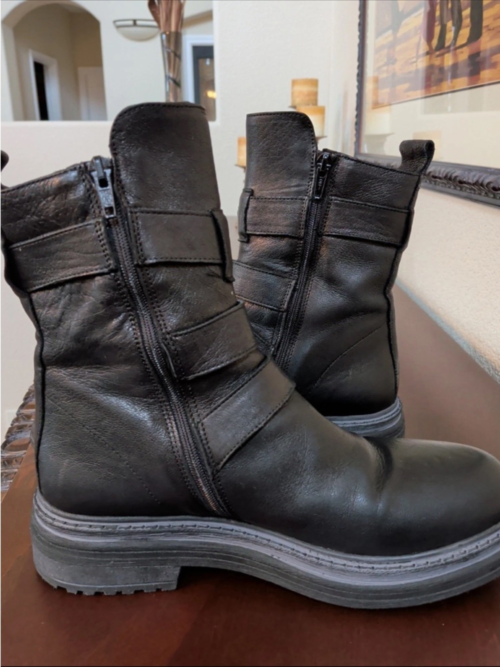 Women’s edgy leather Black boots Buckle Moto Ankle - Picture 5 of 7